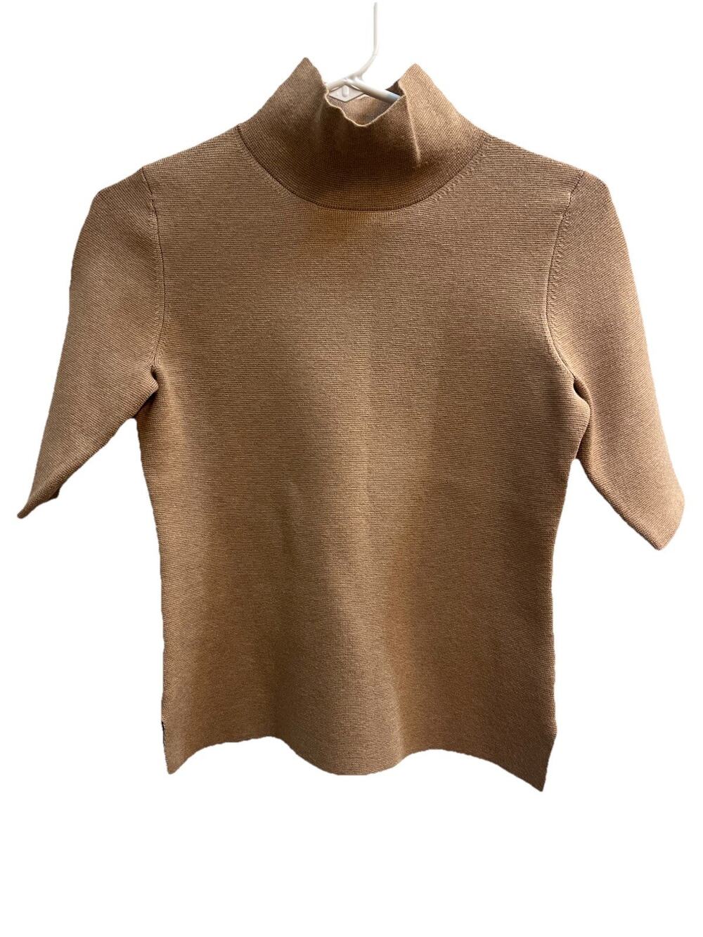Ann Taylor XS Camel Mock Neck Sweater Top Short Sleeve Knit Minimalist Beige